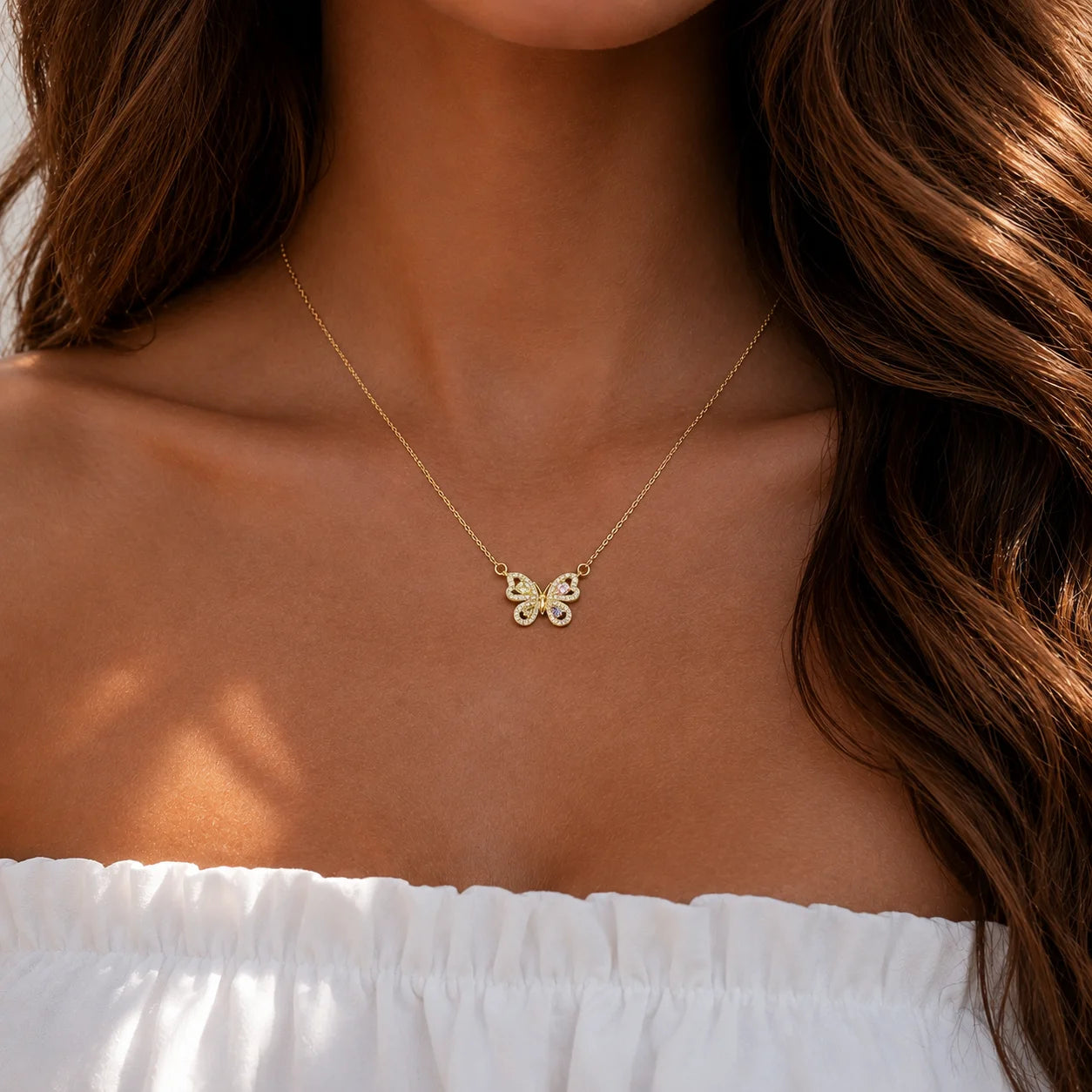 18K Gold Plated Stainless Steel Necklace for Women Copper Pendant Necklace Gold Plated Heart Butterfly Zircon Jewelry