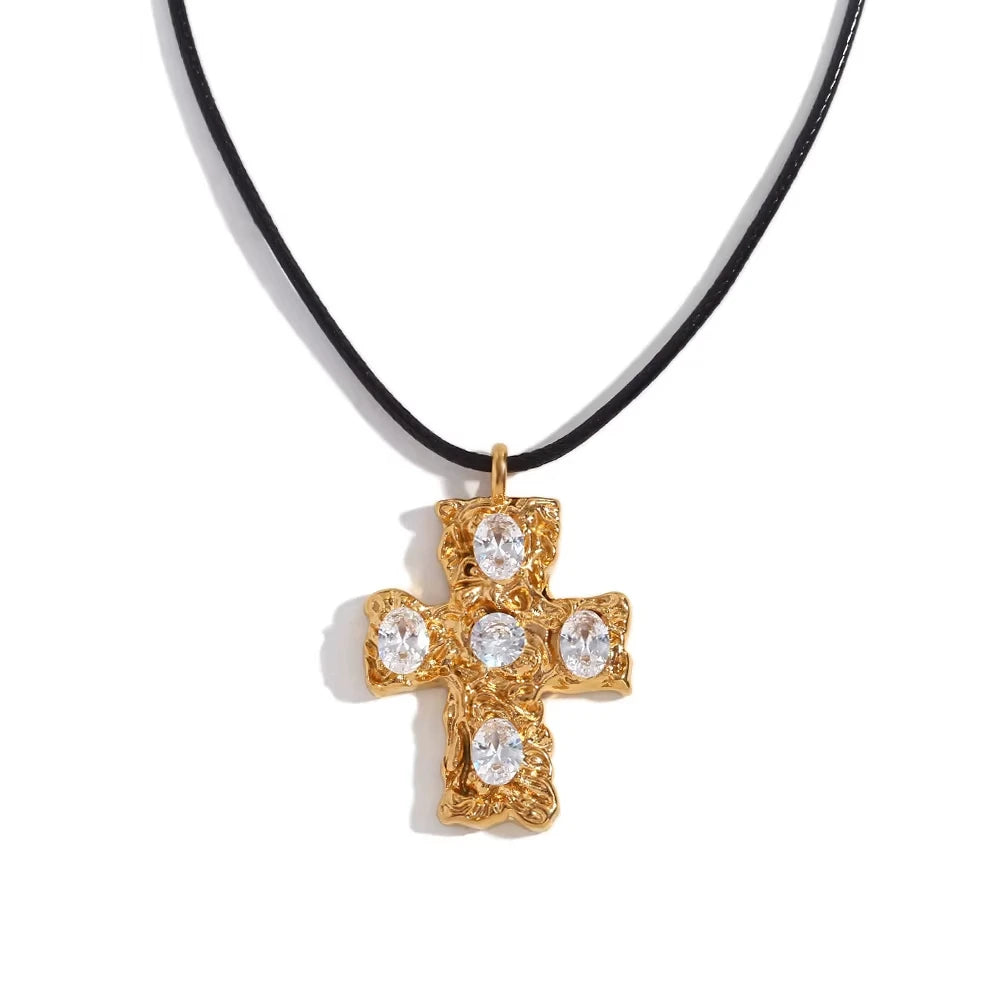 E.B.Belle Fashion Style Luxury Clear Zircon Cross Series Pendant Necklace 18K Gold Plated Stainless Steel Women'S Jewelry