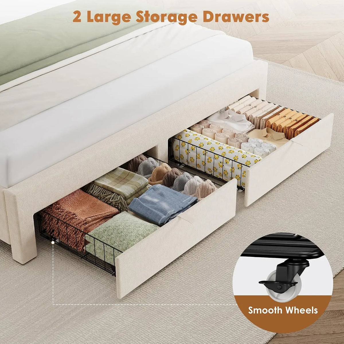 Full/Queen/King Size Velvet Upholstered Bed Frame with 2 Drawers at Footboard, White Soft Upholstered Platform Bed with Under‑Bed Storage for Bedroom