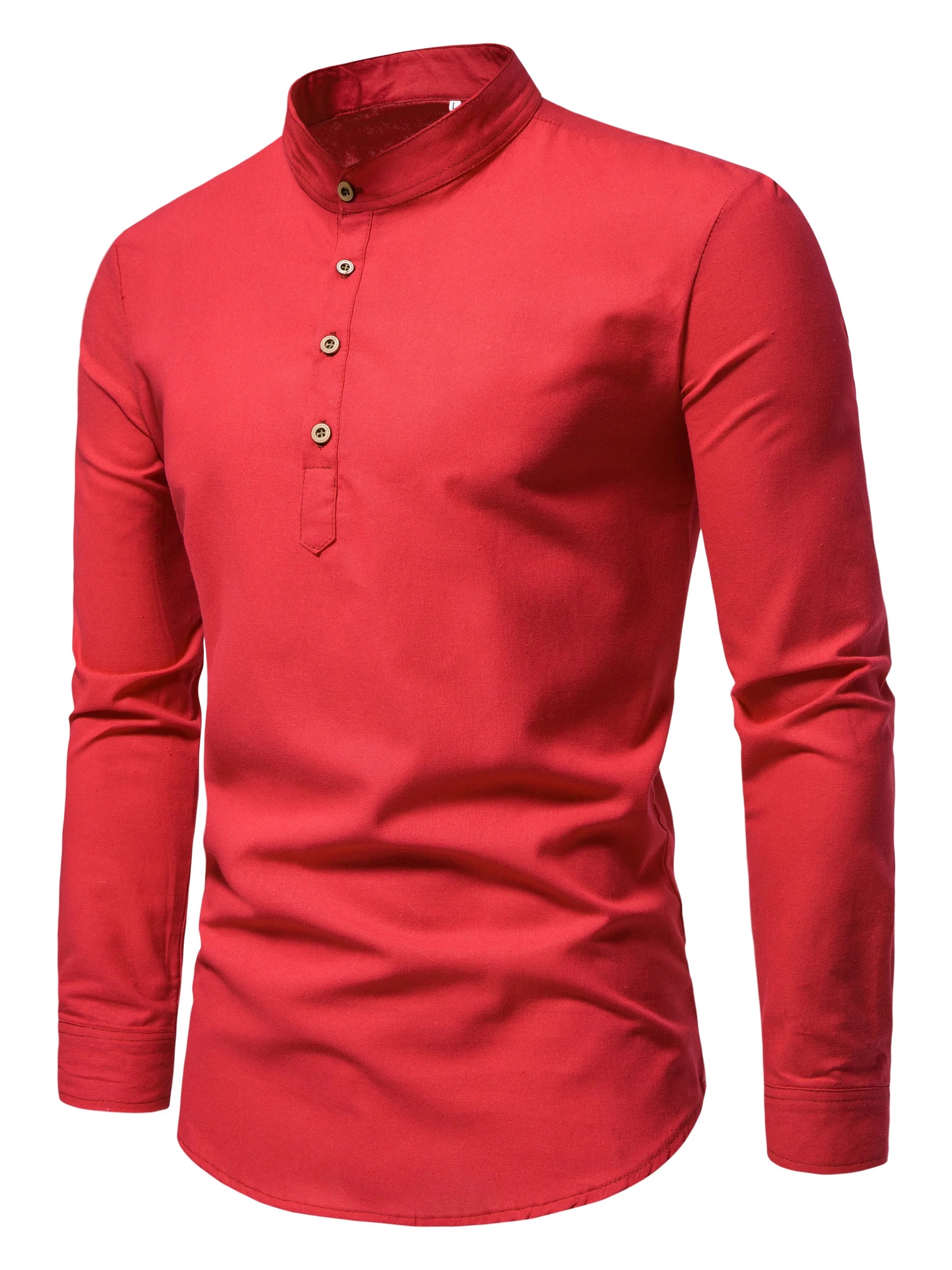 Spring And Autumn Men'S Pure Cotton Solid Color Shirts, Elegant Long-Sleeved Stand-Up Collar Shirts, Slim-Fit Men'S Shirts