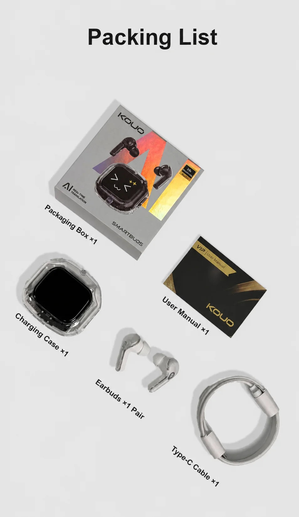 KOUO In-Ear Earbuds with Smart Touch Screen Wireless Bluetooth 5.4 HiFi Audio Earphones for Business Travel Language Translation