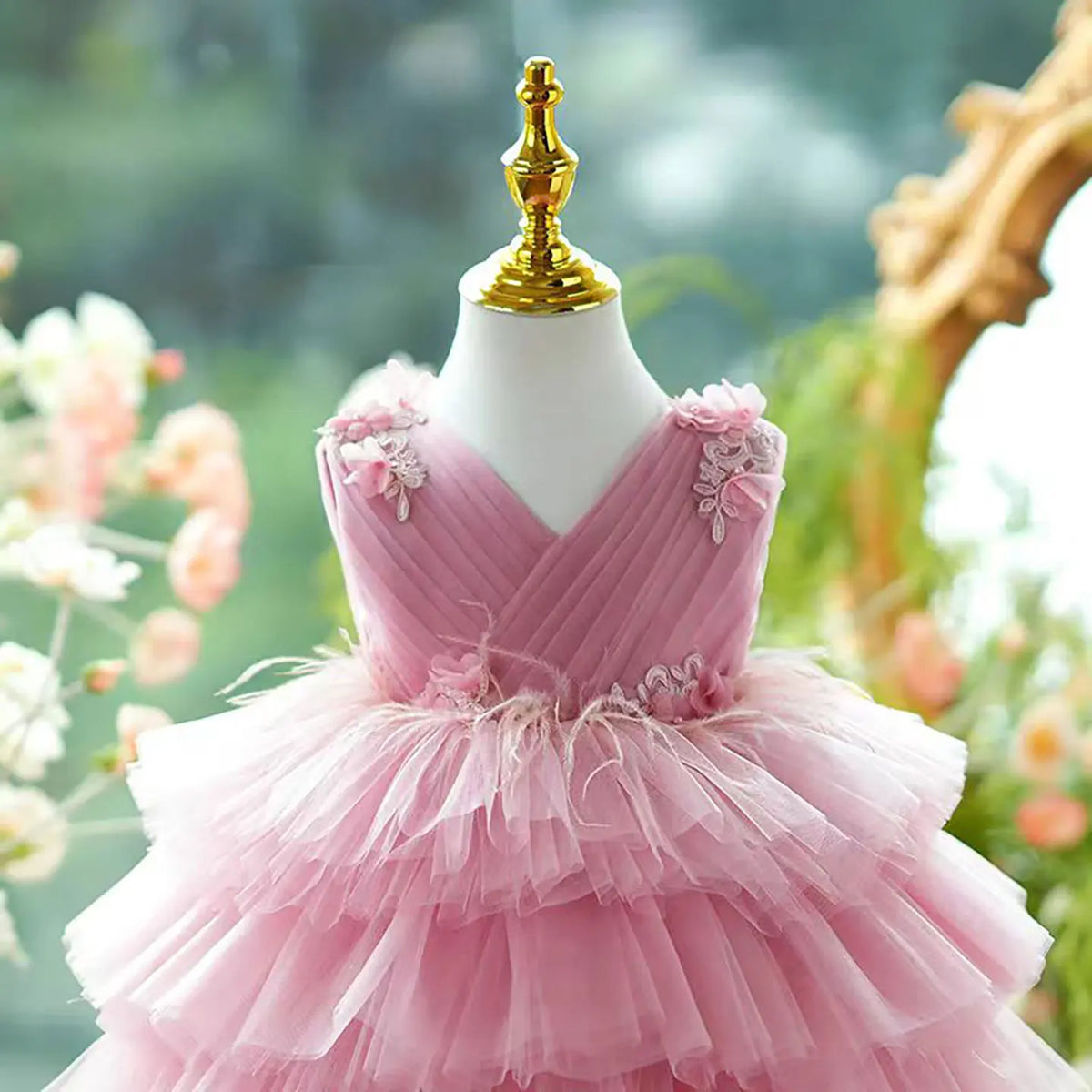 Dreamy Vow D069 Glamorous Sleeveless Tiered Tulle Pink Flower Girl Dress Wedding Party Holiday Celebration Knee Length Ball Gown