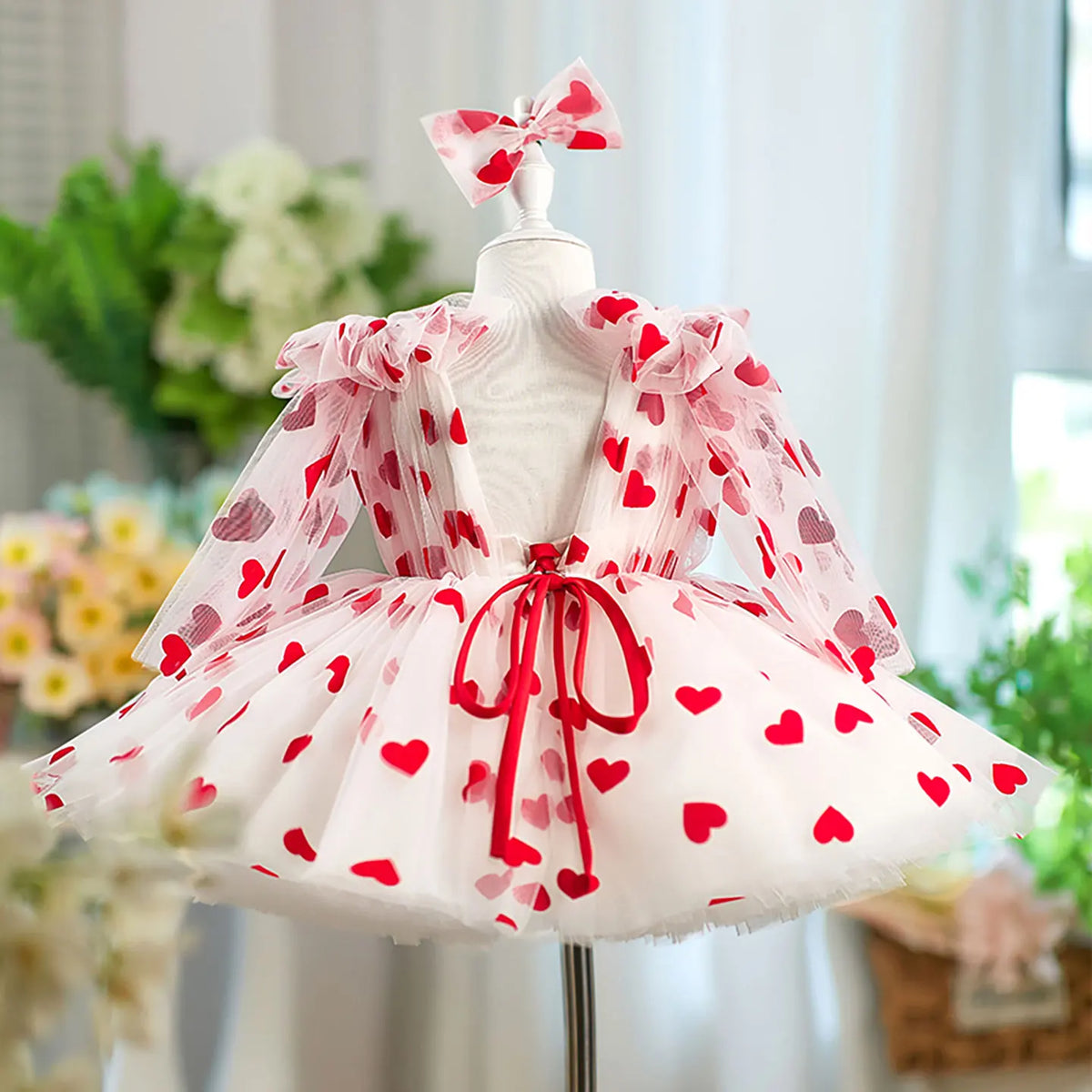 Dreamy Vow D059 Charming V-Neck Long Sleeves Bowed Heart Pattern Tulle Baby Flower Girl Dresses Wedding Evening Prom Ball Gown