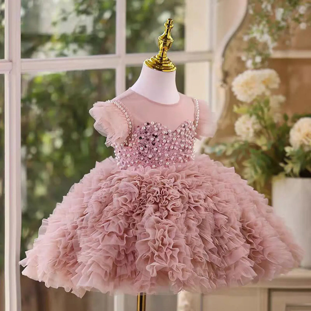 Dreamy Vow D011 Adorable O-Neck Pearl Embellishment Tulle Pink Flower Girl Dress Wedding Holiday Evening Party Knee-Length Prom