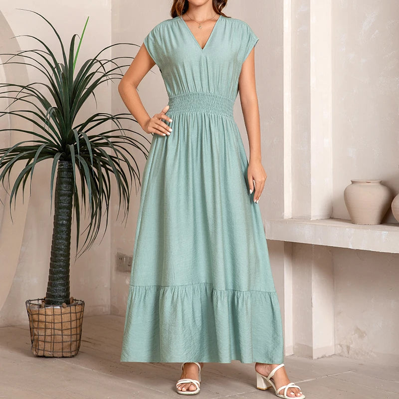 Modest Women Casual Woven Dress V-Neck Short-Sleeves Pleated Waist A-Line Skirt Solid Candy Color Vacation Beach Wear Tie Back