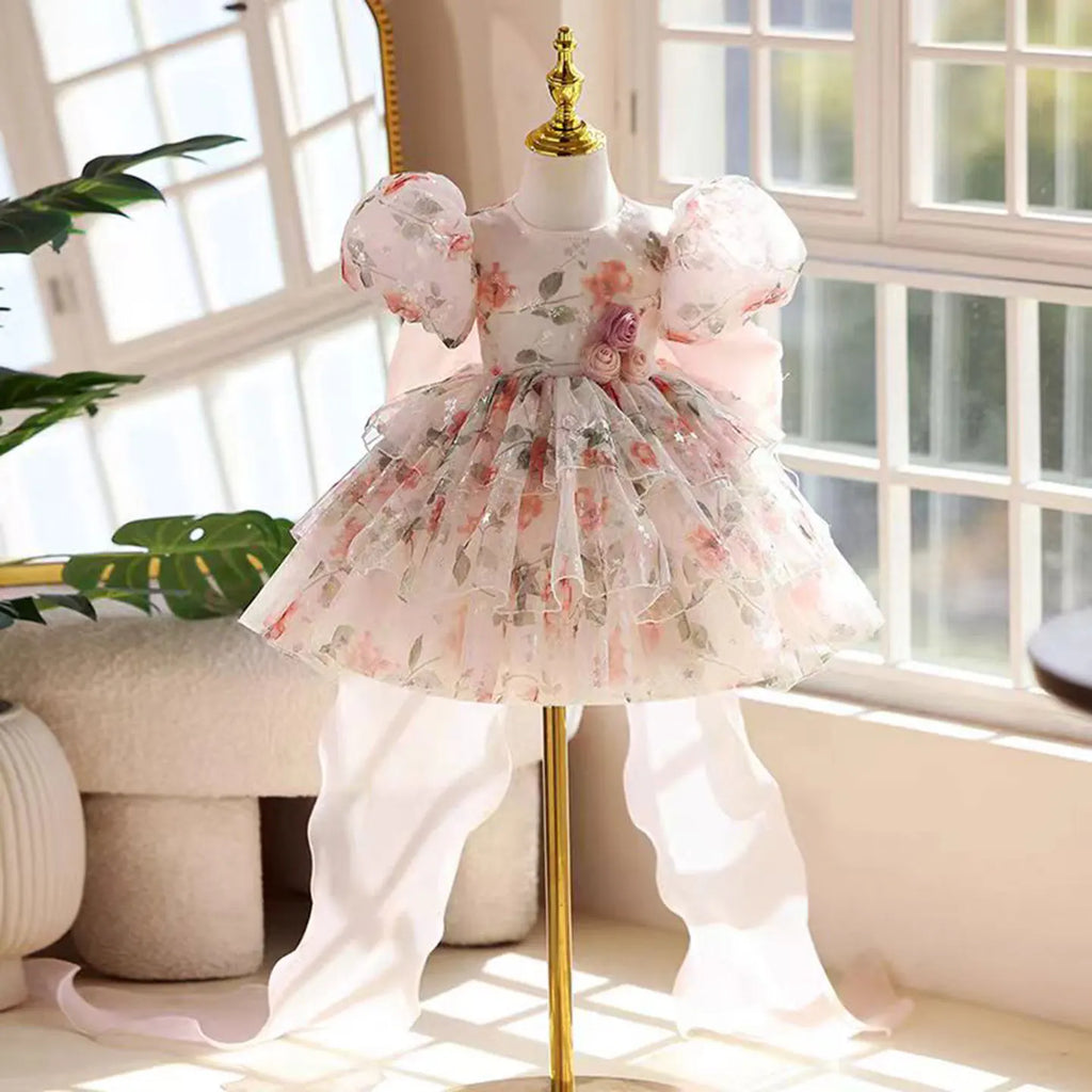 Dreamy Vow J865 Gorgeous O-Neck 3D Flowers Tulle Flower Girl Dress With Bow Tailing Wedding Birthday Party Knee Length Prom Gown