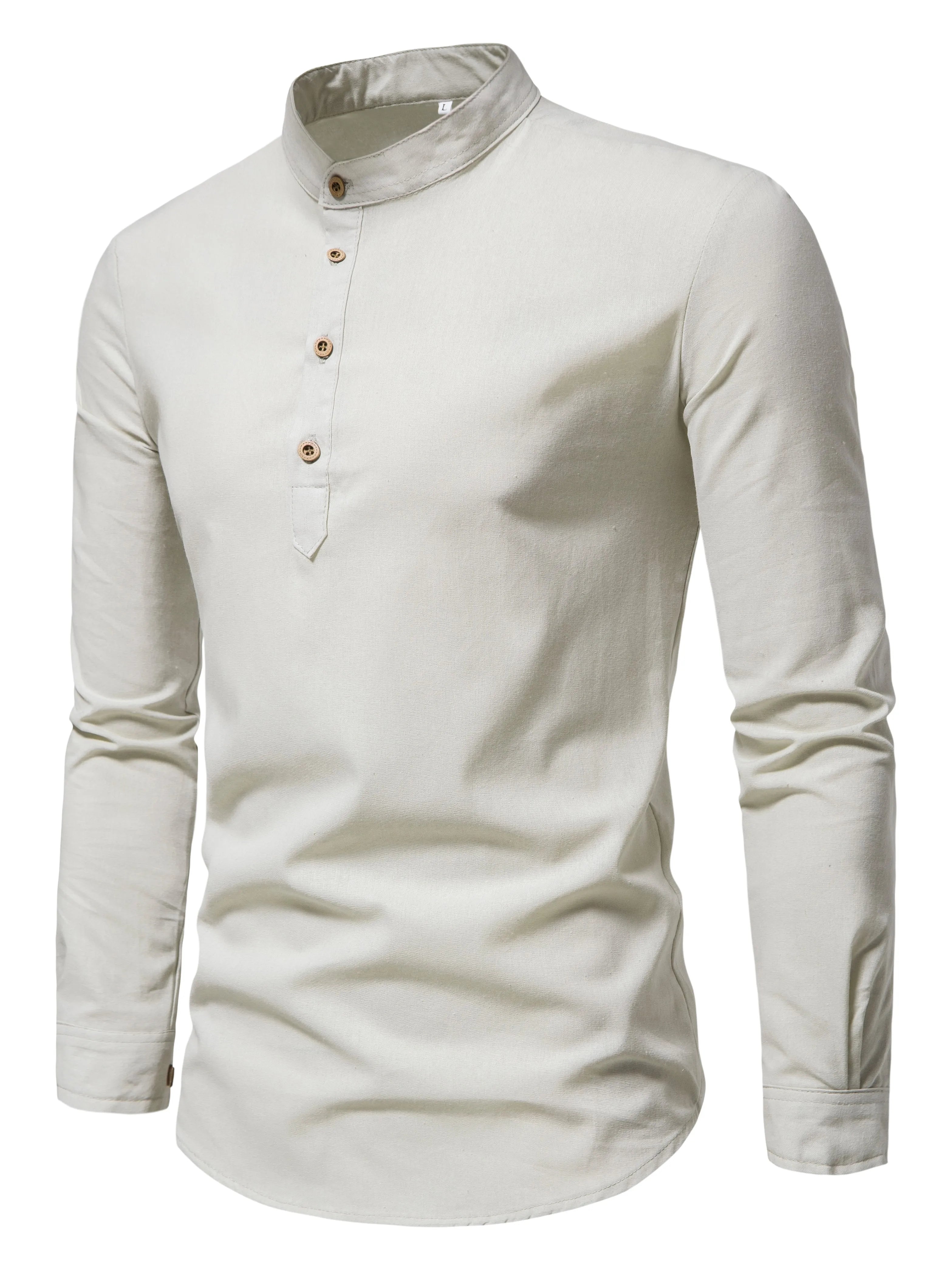 Spring And Autumn Men'S Pure Cotton Solid Color Shirts, Elegant Long-Sleeved Stand-Up Collar Shirts, Slim-Fit Men'S Shirts