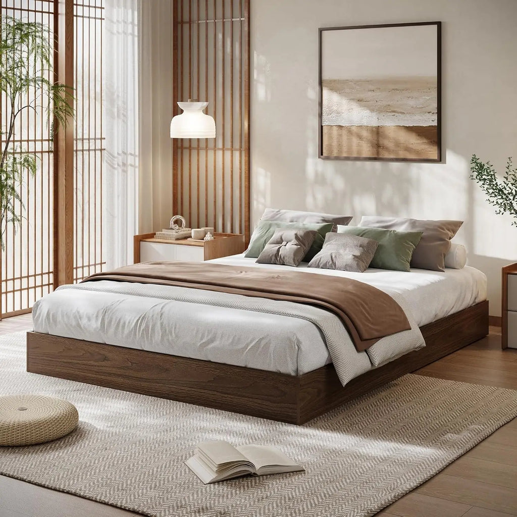 Queen Bed Frame, Wooden Platform Bed with Sturdy Slats, Modern Minimalist Design, No Box Spring Needed, Noise-Free Design, Easy Assembly, Walnut Wood