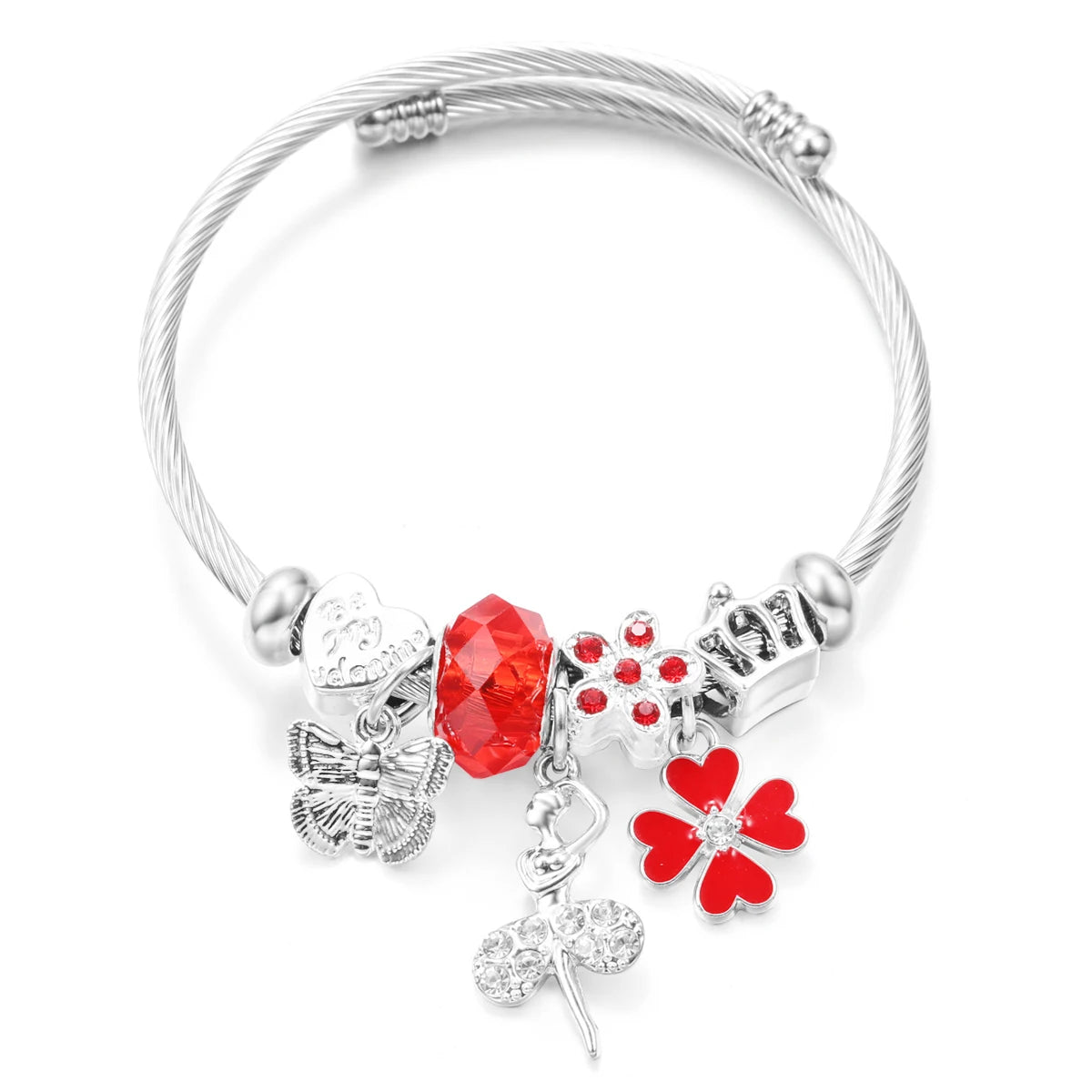 New Trendy Rhinestones Dragonfly Crystal Beaded Pendant Bracelet Stainless Steel 4 Colors Closure Bangles Women'S Bracelet Jewelry