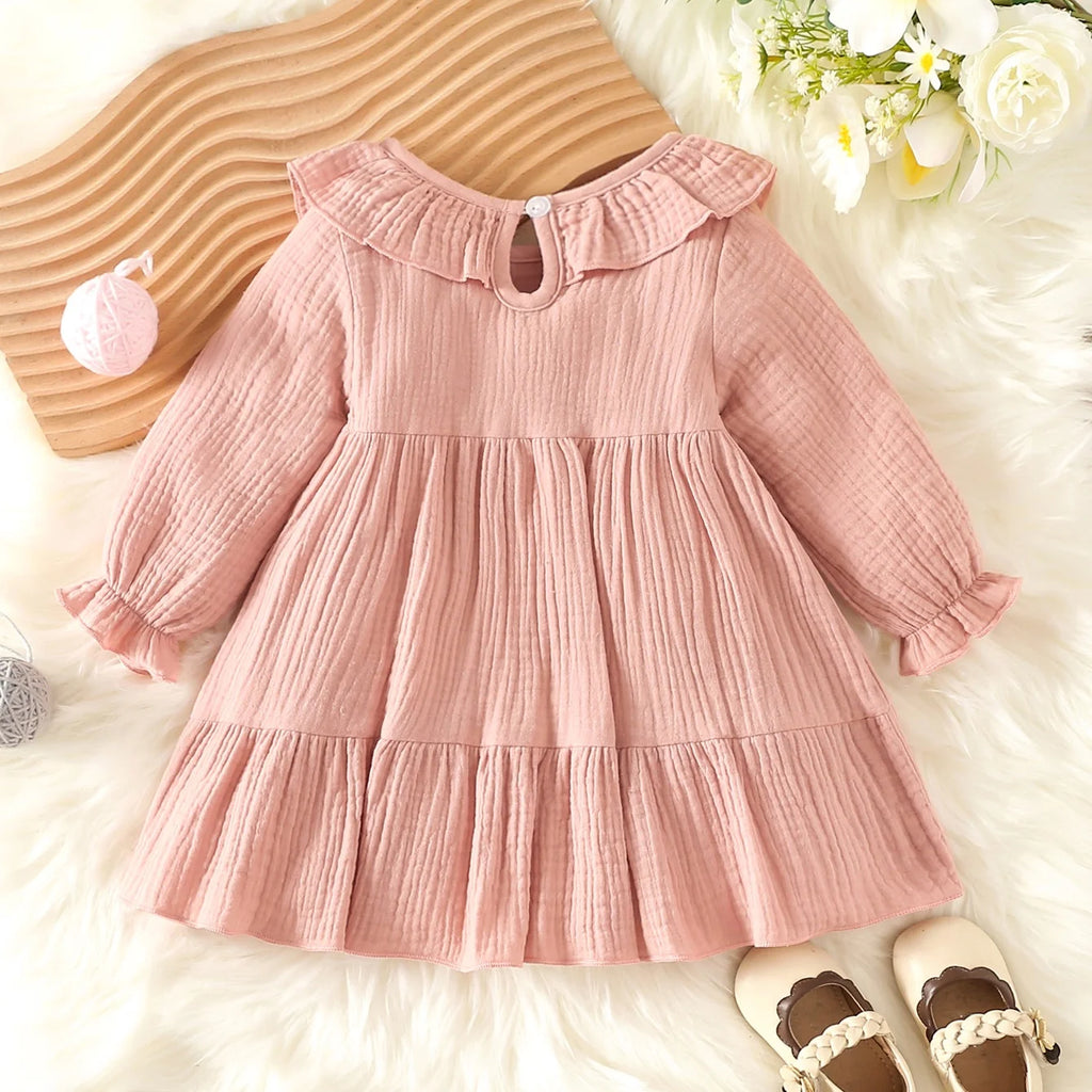 Kids Linen Cotton Dress Long Sleeve Baby Girls Sweet Style Muslin Cotton Casual Dress