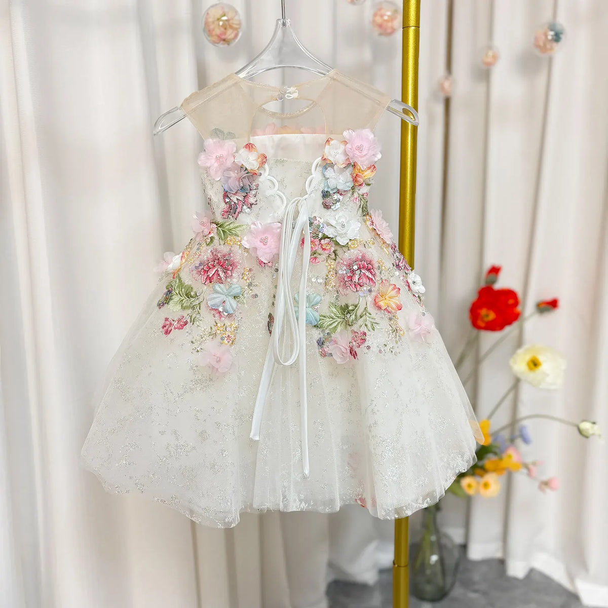 Dreamy Vow J404 Charming White Baby Girl Dress Floral Embroidered Tulle Bow for Kids Holiday 1st Birthday Party Short Ball Gown