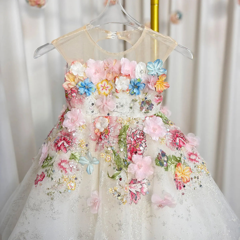 Dreamy Vow J404 Charming White Baby Girl Dress Floral Embroidered Tulle Bow for Kids Holiday 1st Birthday Party Short Ball Gown