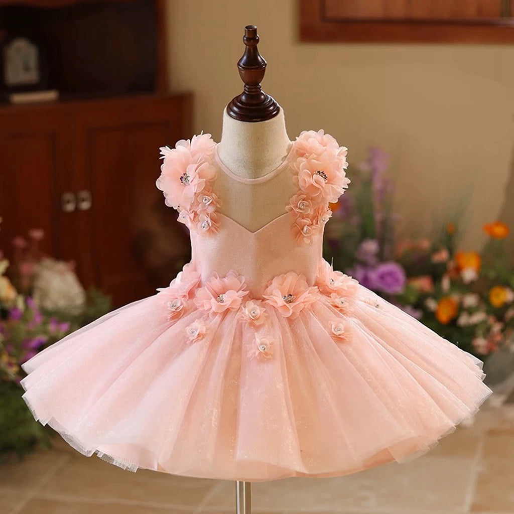 Dreamy Vow J417 Enchanting Pink Baby Girl Dress Sleeveless Tulle Rhinestone Embellished Floral Detail Short Party Ball Gown