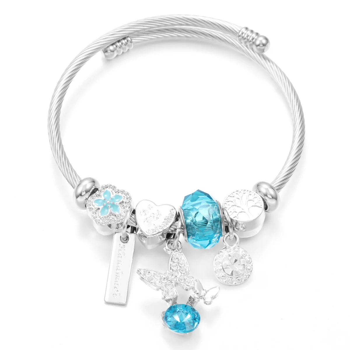 New Trendy Rhinestones Dragonfly Crystal Beaded Pendant Bracelet Stainless Steel 4 Colors Closure Bangles Women'S Bracelet Jewelry