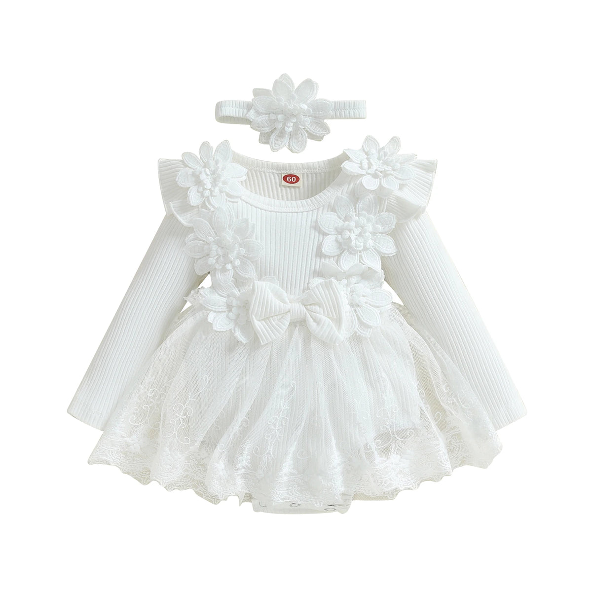 Baby Girls 3D Flower Mesh Lace Ruffle Romper Dress and Headband Set