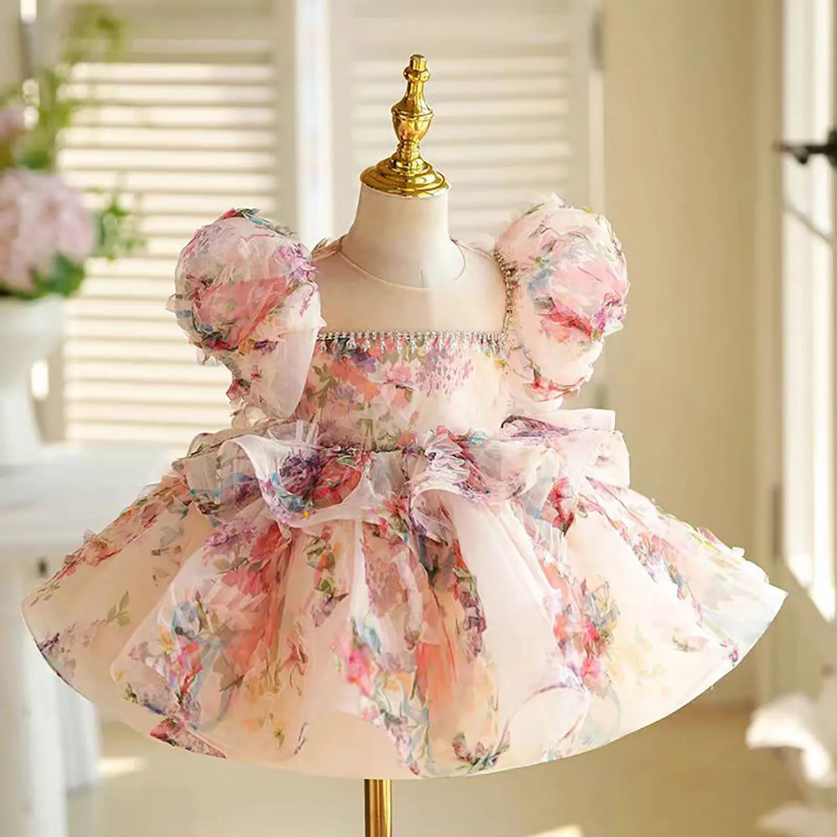 Dreamy Vow J410 Lovely Floral Pink Girl Dress Puff Sleeves for Kids Princess Holiday Birthday Party Ball Gown