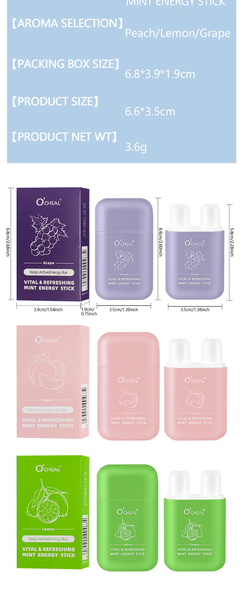 O'cheal Double Hole Energy Stick - Mint Scent Inhaler, 3-Pack