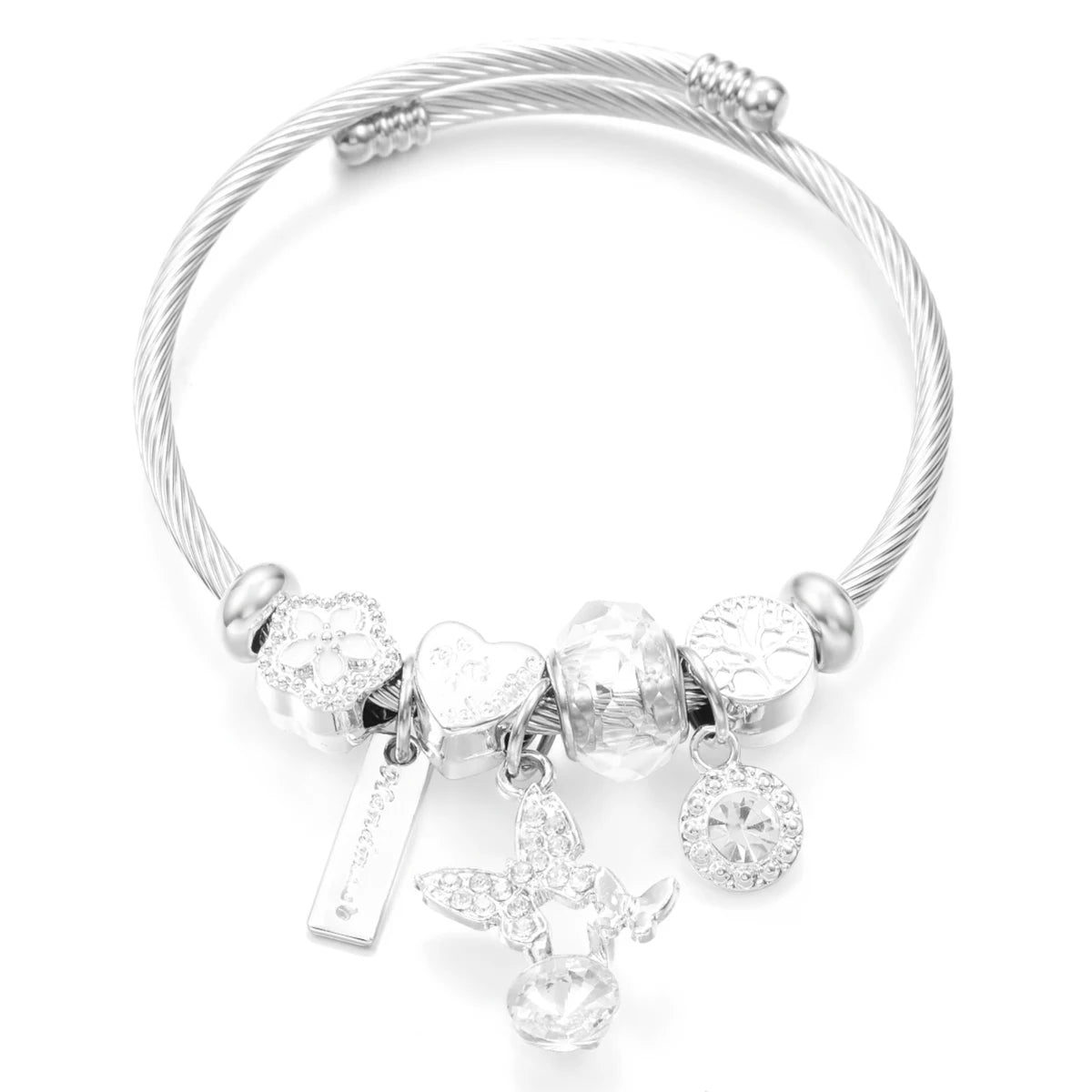 New Trendy Rhinestones Dragonfly Crystal Beaded Pendant Bracelet Stainless Steel 4 Colors Closure Bangles Women'S Bracelet Jewelry