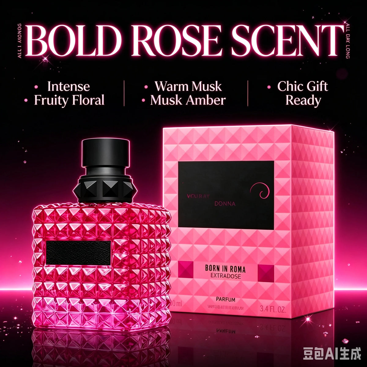 Donna Born in Roma Extradose Parfum 3.4 Fl Oz 100ml, Intense Floral Fruity Gourmand Bold Feminine Luxury Women's Perfume with Wild Raspberry Jasmine Vanilla Patchouli Musk, Extra Long Lasting Deep Scent for Night Out Party Da