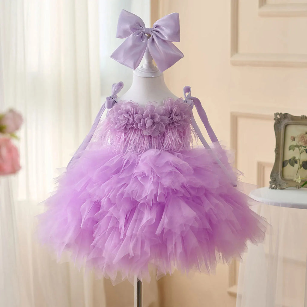Dreamy Vow D052 Gorgeous Sleeveless Flower-Adorned Tiered Tulle Flower Girl Dress With Bow Kids Wedding Birthday Evening Prom