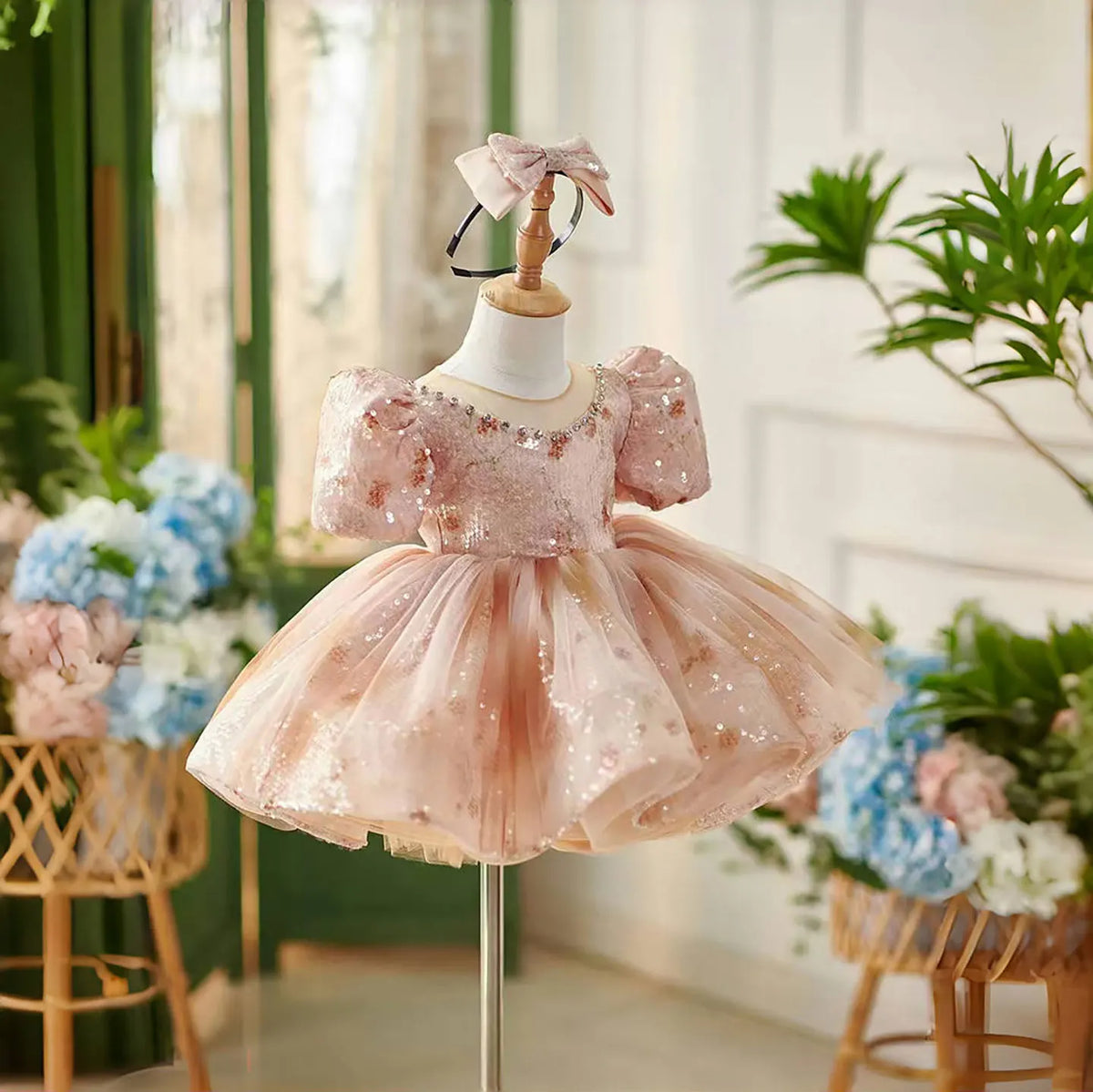 Dreamy Vow D035 Shiny O-Neck Beading Tulle Pink Flower Girl Dress Short Sleeves for Kids Wedding Birthday Party Short Ball Gown
