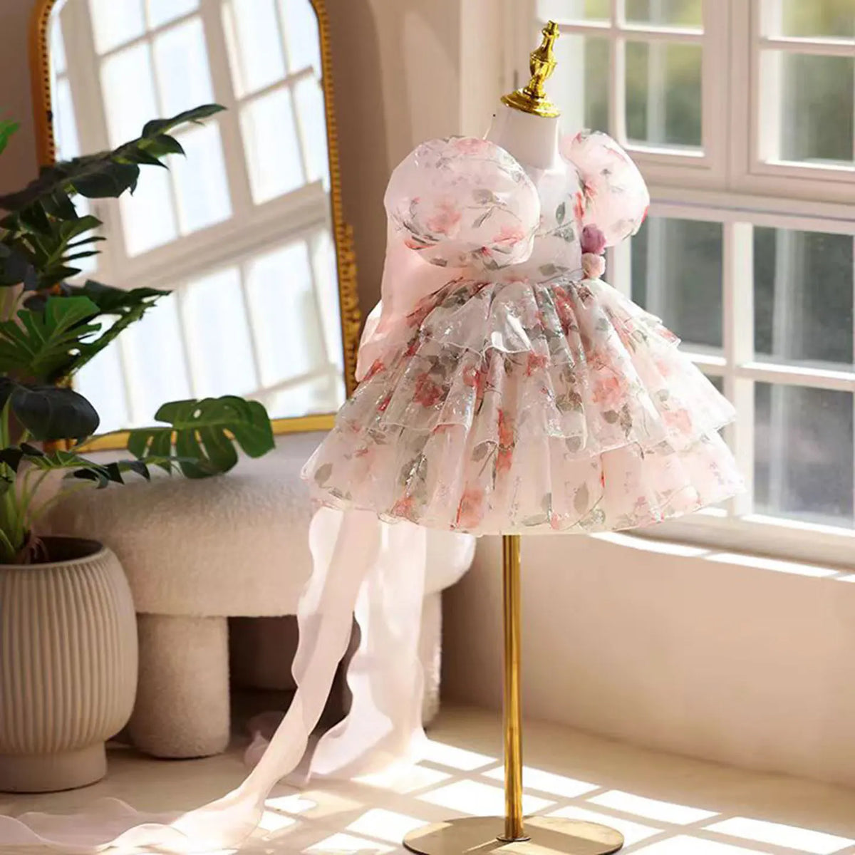 Dreamy Vow J865 Gorgeous O-Neck 3D Flowers Tulle Flower Girl Dress With Bow Tailing Wedding Birthday Party Knee Length Prom Gown