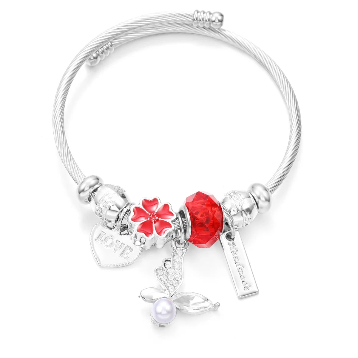 New Trendy Rhinestones Dragonfly Crystal Beaded Pendant Bracelet Stainless Steel 4 Colors Closure Bangles Women'S Bracelet Jewelry
