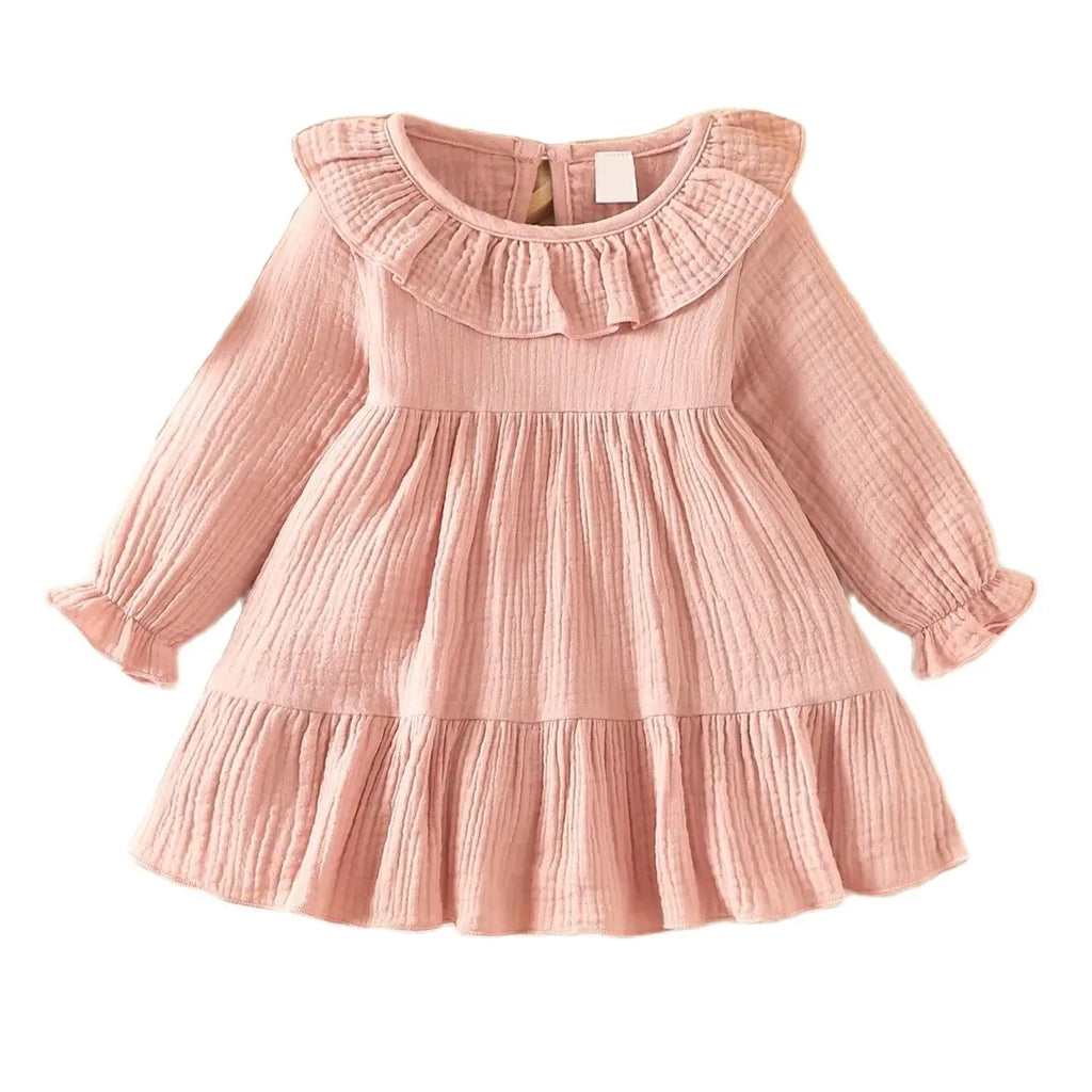 Kids Linen Cotton Dress Long Sleeve Baby Girls Sweet Style Muslin Cotton Casual Dress