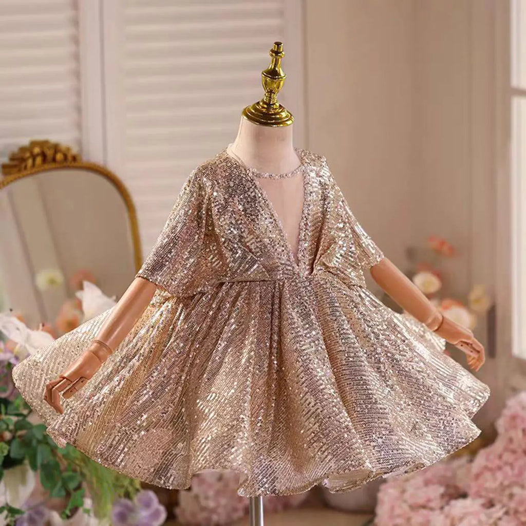 Dreamy Vow D031 Luxury V-Neck Beaded Brown Flower Girl Dress Cap Sleeve Dubai Wedding Birthday Holiday Evening Party Summer Prom