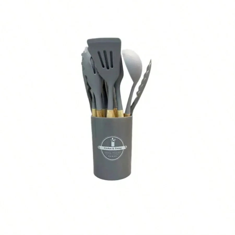 Juego de utensilios de cocina de 12 piezas, espátulas de silicona con mango de madera, kit de herramientas de cocina con soporte, resistentes al calor, para cocina