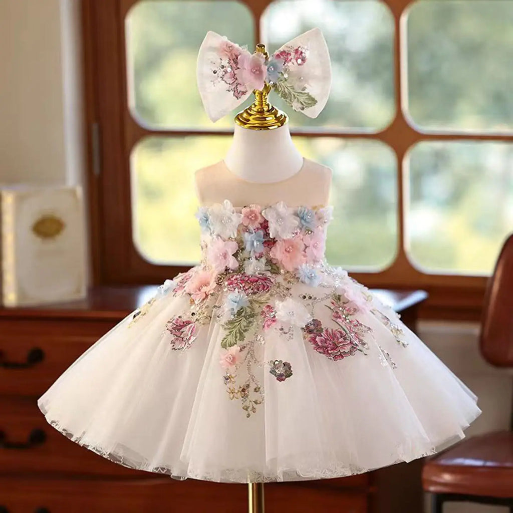 Dreamy Vow J404 Charming White Baby Girl Dress Floral Embroidered Tulle Bow for Kids Holiday 1st Birthday Party Short Ball Gown