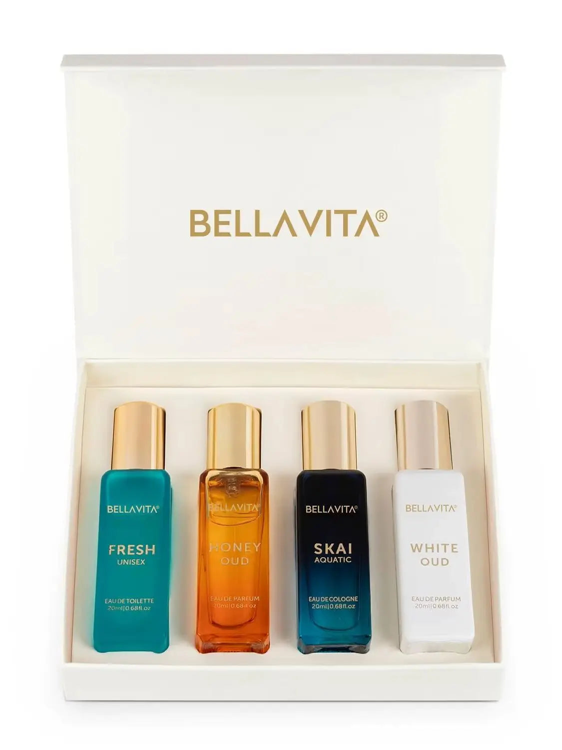 Generic Bella Vita Luxury Unisex Eau De Parfum Gift Set 4 X 20ml for Men & Women with SKAI, FRESH, WHITEOUD, HONEY OUD Perfume|Long Lasting EDP Fragrance Scent