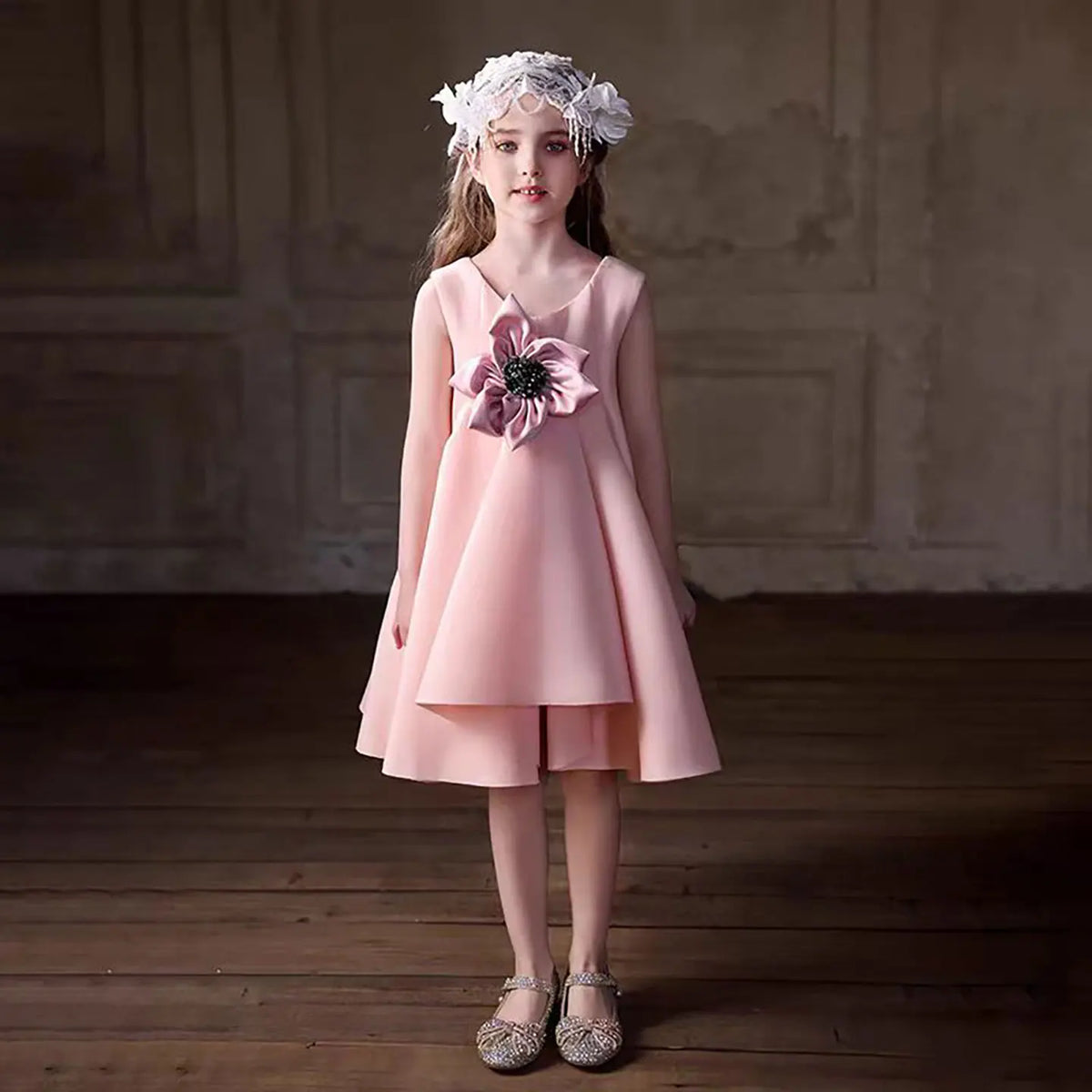 Dreamy Vow D045 Elegant O-Neck A-Line Sleeveless Applique Satin Flower Girl Dress Wedding Birthday Party Irregular Dress 2025