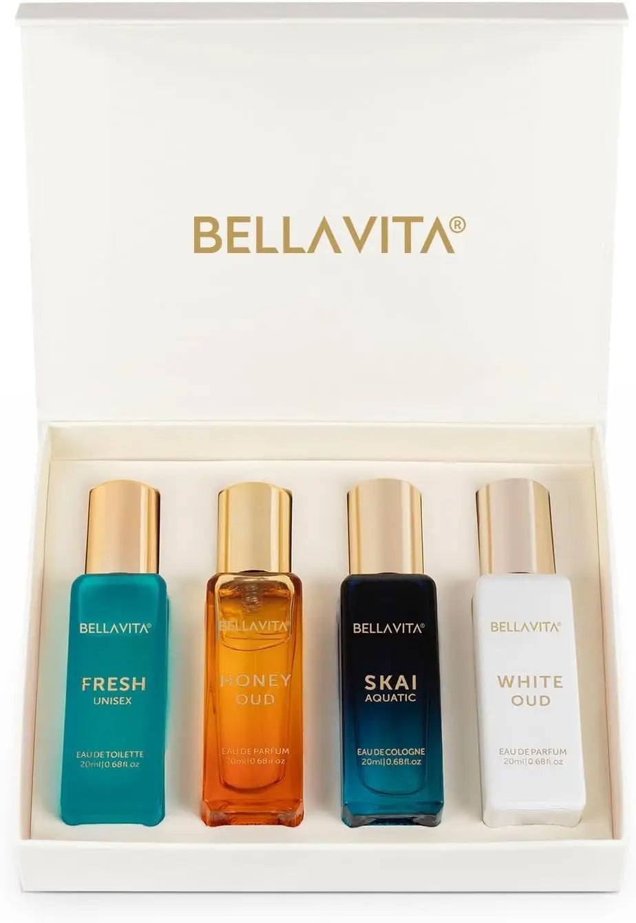 Bellavita Unisex Perfume Gift Set 4x20ml Honey White Oud Skai Fresh Honey Artemisia Lemon Bergamot Sweet Almond Collection for Daily Wear Father Day Gift for Him Her
