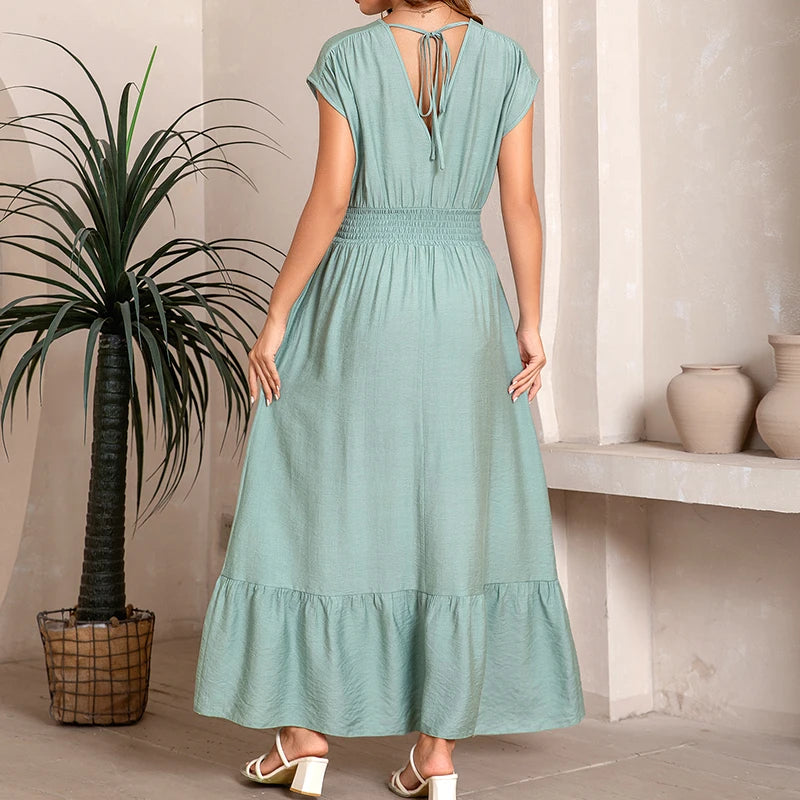 Modest Women Casual Woven Dress V-Neck Short-Sleeves Pleated Waist A-Line Skirt Solid Candy Color Vacation Beach Wear Tie Back