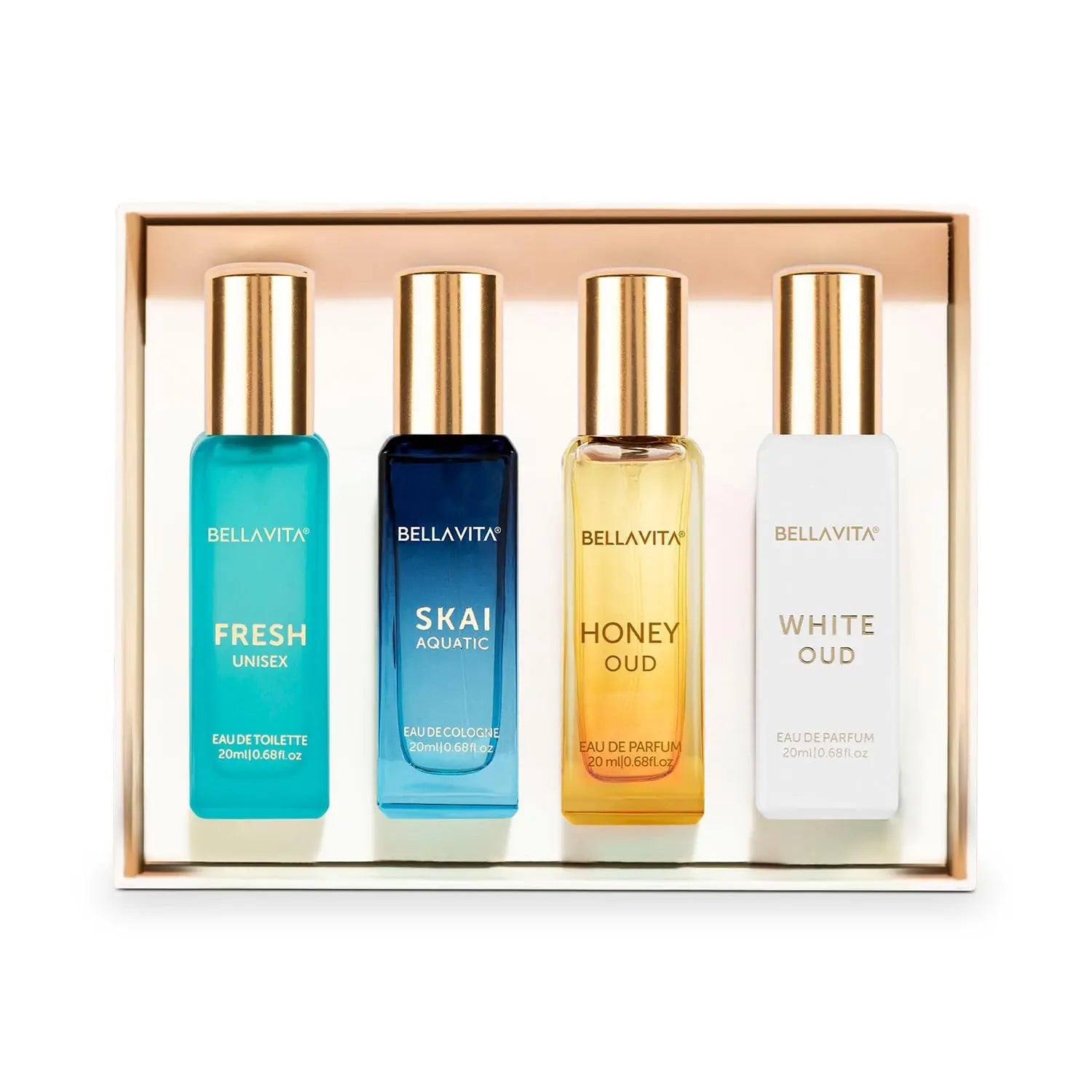 Generic Bella Vita Luxury Unisex Eau De Parfum Gift Set 4 X 20ml for Men & Women with SKAI, FRESH, WHITEOUD, HONEY OUD Perfume|Long Lasting EDP Fragrance Scent
