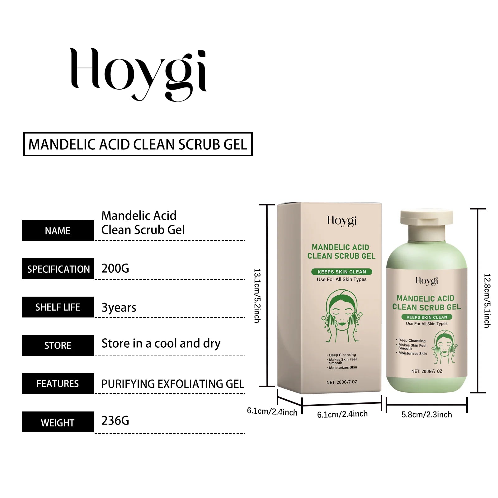 Hoygi Mandelic Acid Clean Scrub Gel Deep Cleansing Oil Control Improve Facial Texture Appearance Gentle Exfoliator Dead Skin Smoothing Skin Care