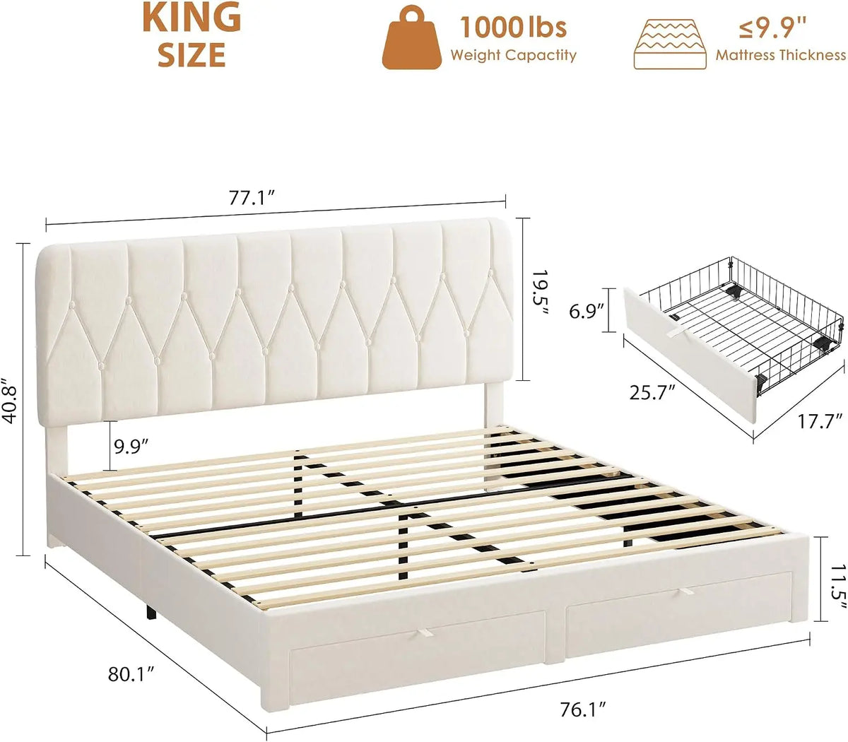 Full/Queen/King Size Velvet Upholstered Bed Frame with 2 Drawers at Footboard, White Soft Upholstered Platform Bed with Under‑Bed Storage for Bedroom
