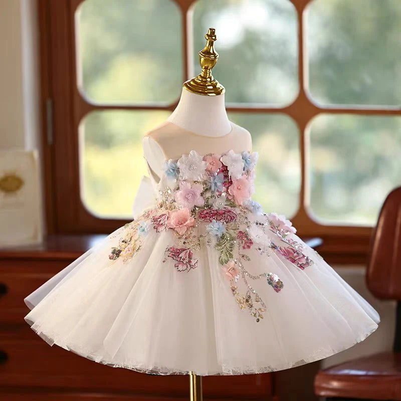 Dreamy Vow J404 Charming White Baby Girl Dress Floral Embroidered Tulle Bow for Kids Holiday 1st Birthday Party Short Ball Gown