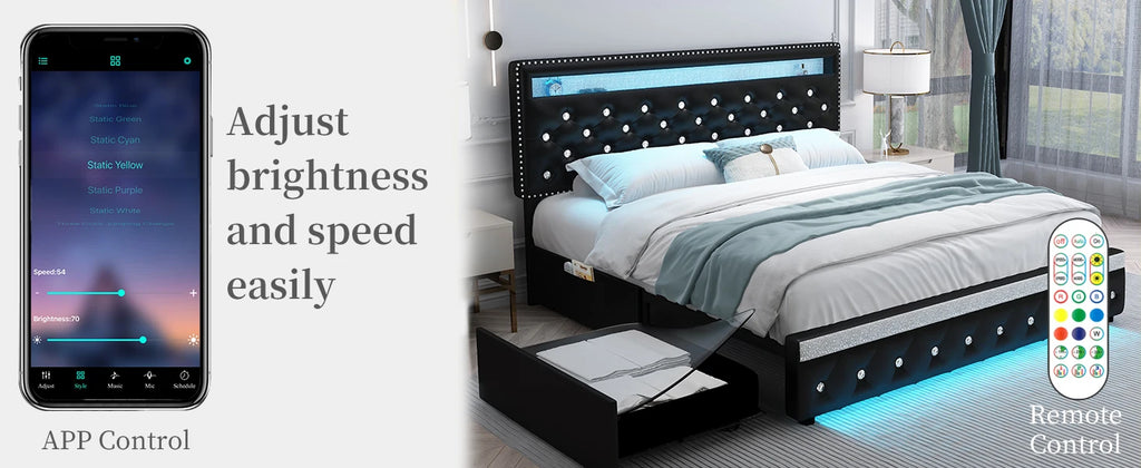 SIBEDS Queen Upholstered Platform Bed Frame with LED Lights and 2 Storage Drawers, Crystal Button Tufted Headboard, Height Adjustable Design, Side Pockets, Solid Slats Support, No Box Spring Needed