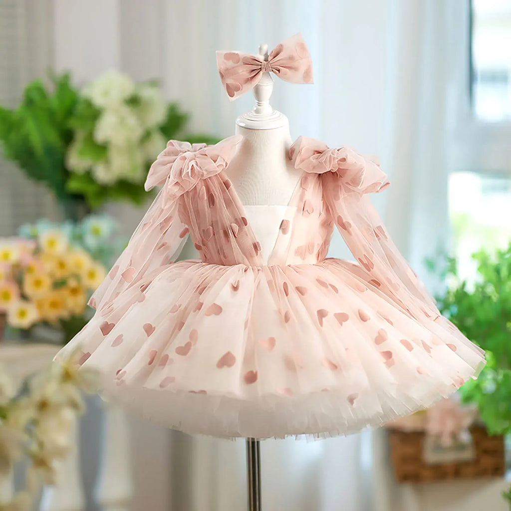 Dreamy Vow D059 Charming V-Neck Long Sleeves Bowed Heart Pattern Tulle Baby Flower Girl Dresses Wedding Evening Prom Ball Gown