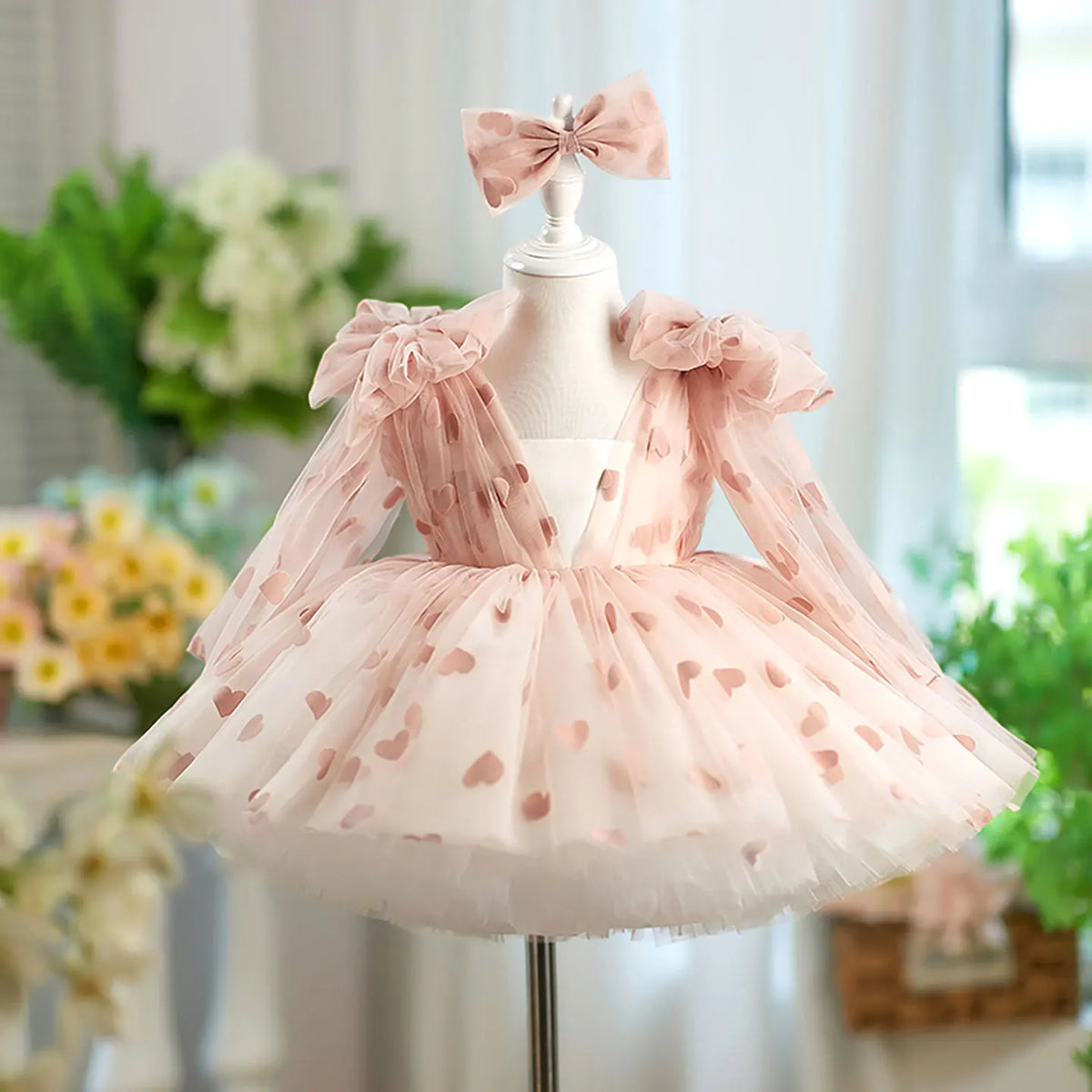 Dreamy Vow D059 Charming V-Neck Long Sleeves Bowed Heart Pattern Tulle Baby Flower Girl Dresses Wedding Evening Prom Ball Gown