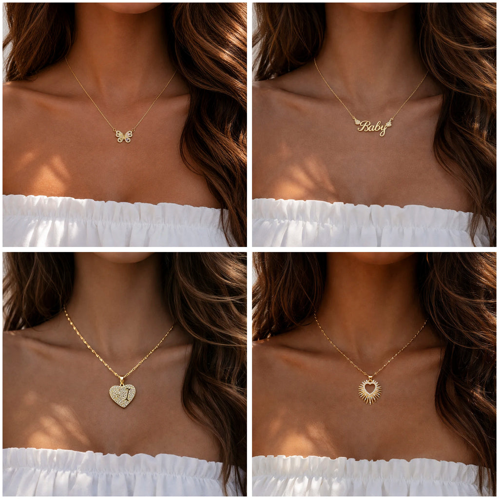 18K Gold Plated Stainless Steel Necklace for Women Copper Pendant Necklace Gold Plated Heart Butterfly Zircon Jewelry