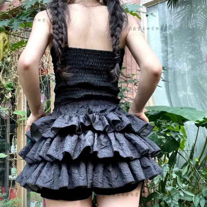 Women Kawaii Lolita Shorts Skirt 2024 Summer Ruffles Layered Patchwork High Waist Mini Skirts Girl Sweet White Pleated Skirt