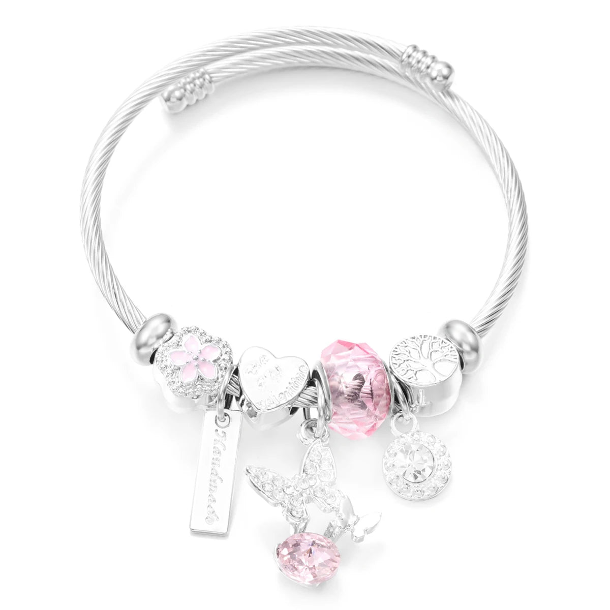 New Trendy Rhinestones Dragonfly Crystal Beaded Pendant Bracelet Stainless Steel 4 Colors Closure Bangles Women'S Bracelet Jewelry