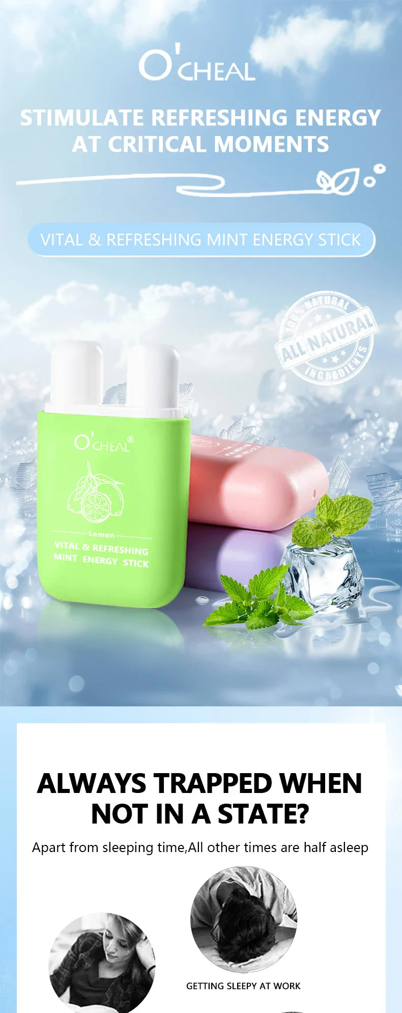 O'cheal Double Hole Energy Stick - Mint Scent Inhaler, 3-Pack