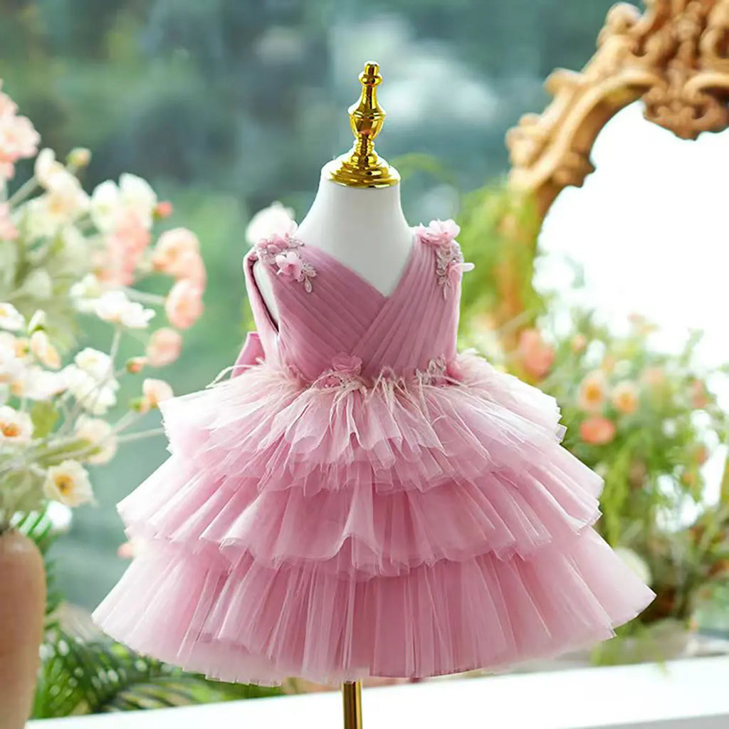 Dreamy Vow D069 Glamorous Sleeveless Tiered Tulle Pink Flower Girl Dress Wedding Party Holiday Celebration Knee Length Ball Gown
