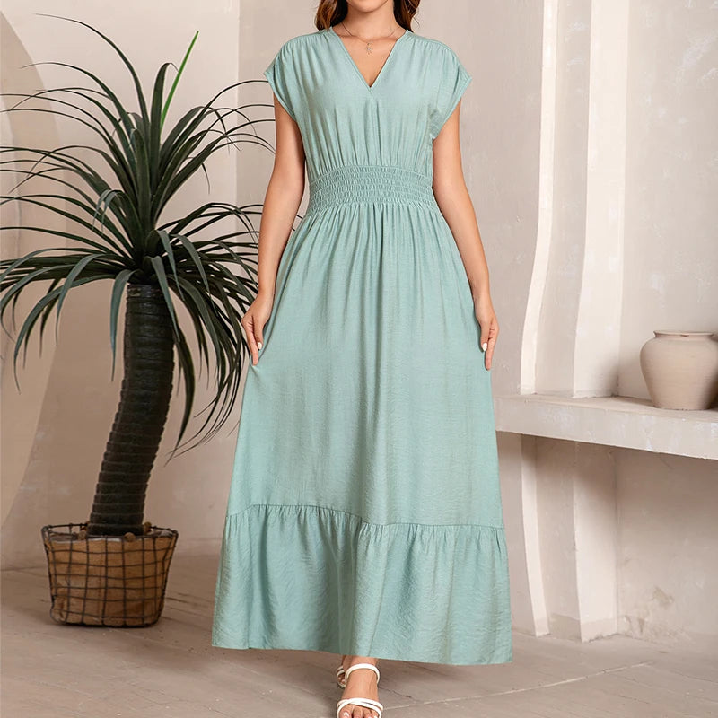 Modest Women Casual Woven Dress V-Neck Short-Sleeves Pleated Waist A-Line Skirt Solid Candy Color Vacation Beach Wear Tie Back