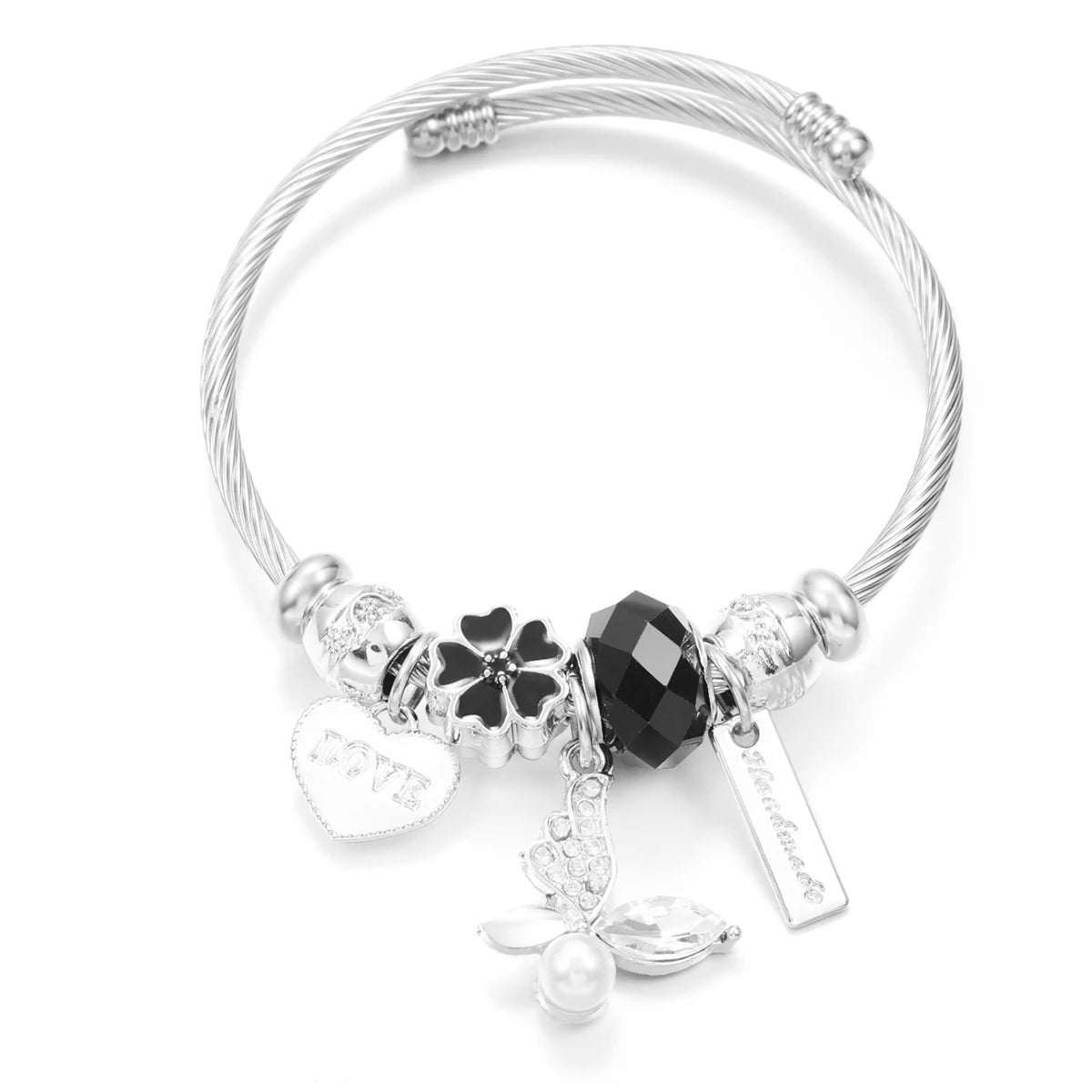 New Trendy Rhinestones Dragonfly Crystal Beaded Pendant Bracelet Stainless Steel 4 Colors Closure Bangles Women'S Bracelet Jewelry