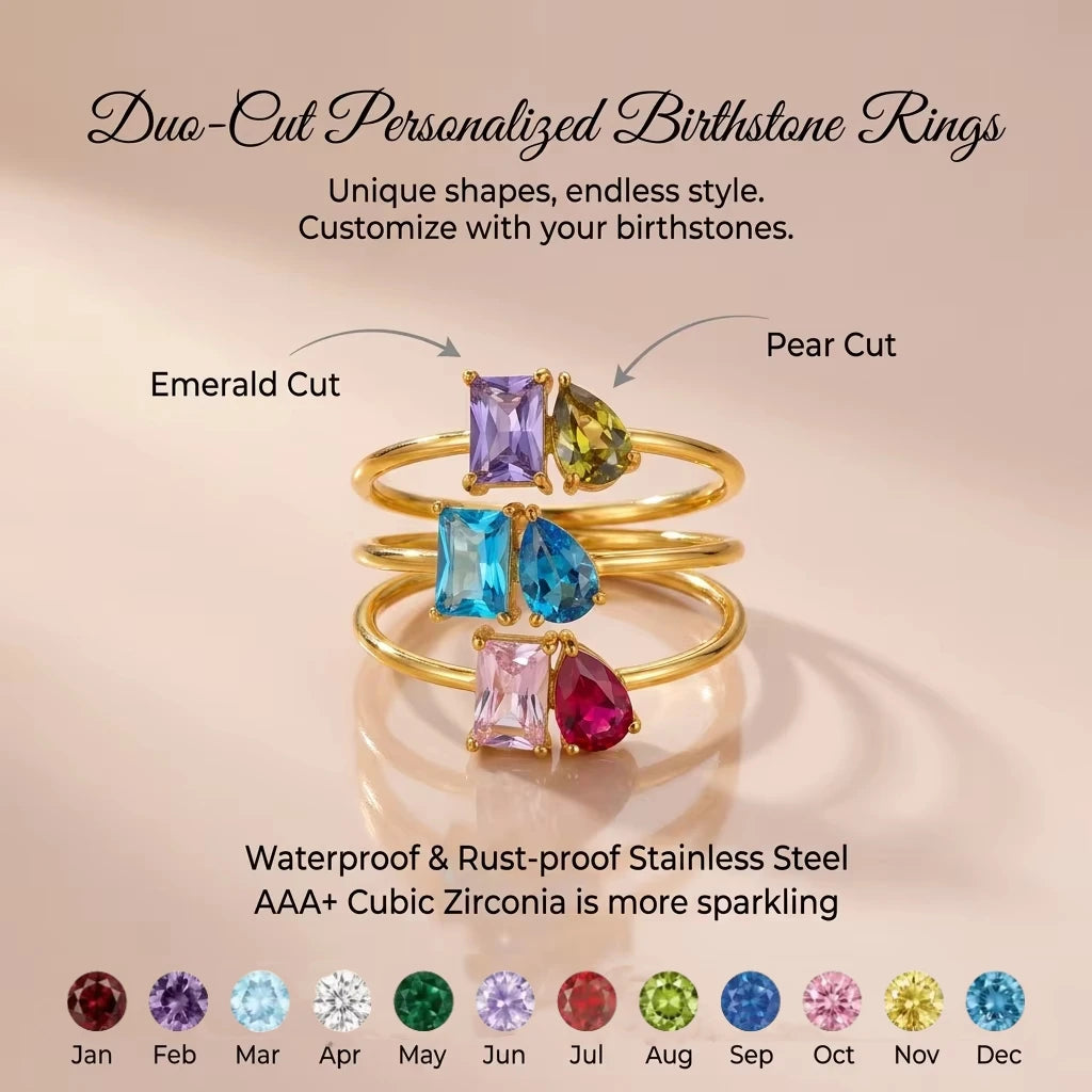 Personalized Toi et Moi Birthstone Ring Duo-Cut Stainless Steel Two Stone Ring Waterproof Non-Tarnish Custom Jewelry for Women